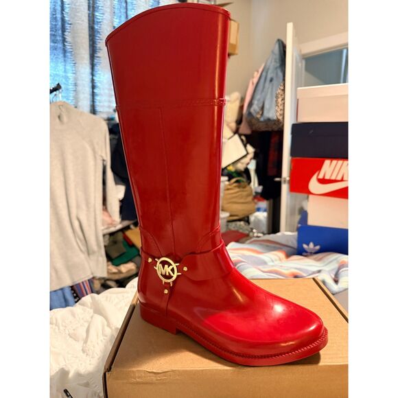 EUC Michael Kors Fulton Harness Tall Red Rubber Rain Boots - Picture 3 of 11